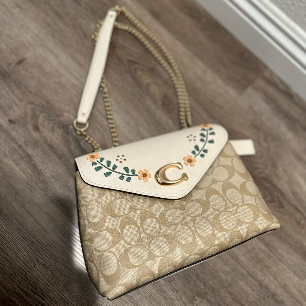 coach Tammie Shoulder Bag In Signature Canvas With Floral Whipstitch
